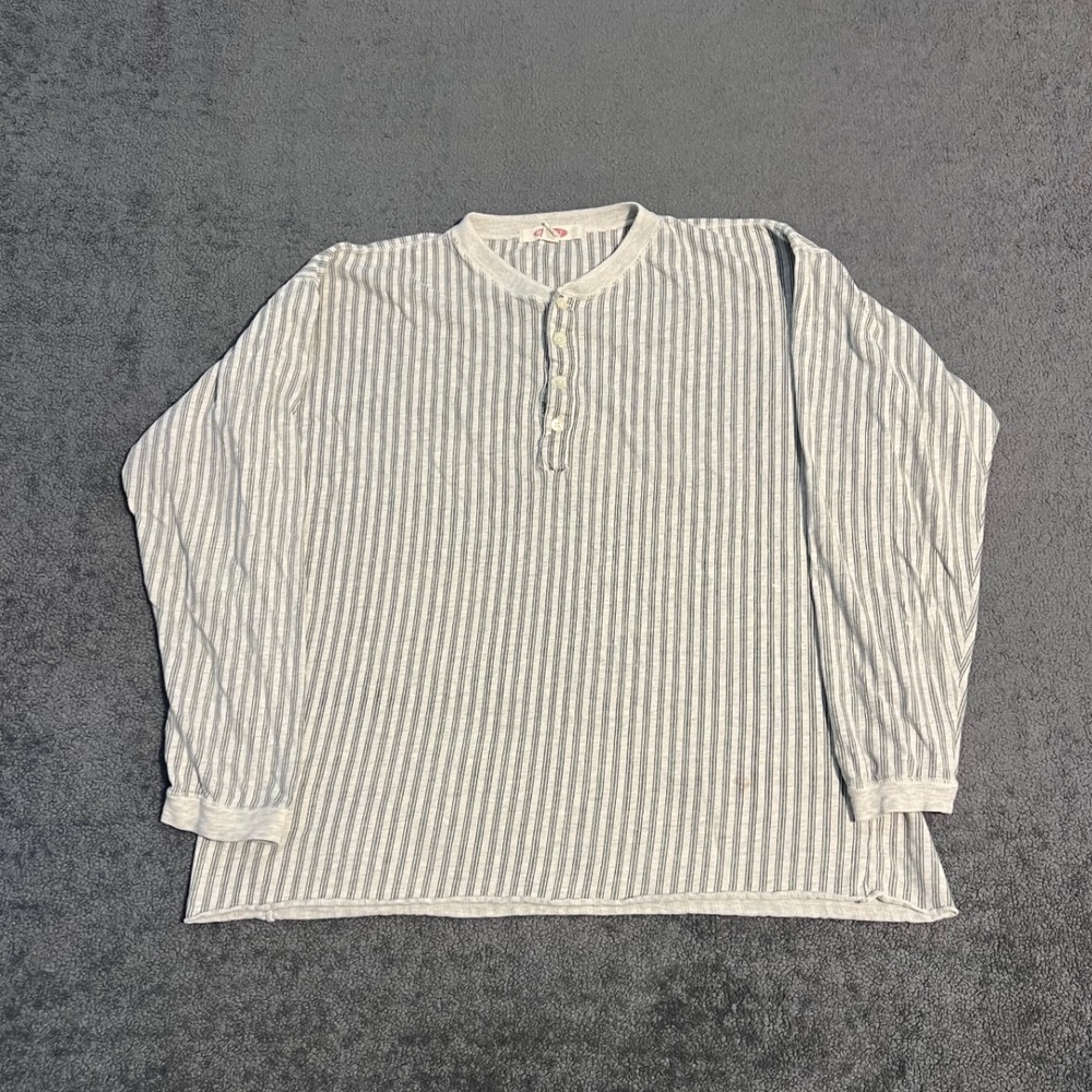 Vintage Old Navy Mens L Gray Black Striped Long Sleeve Cotton Henley Shirt